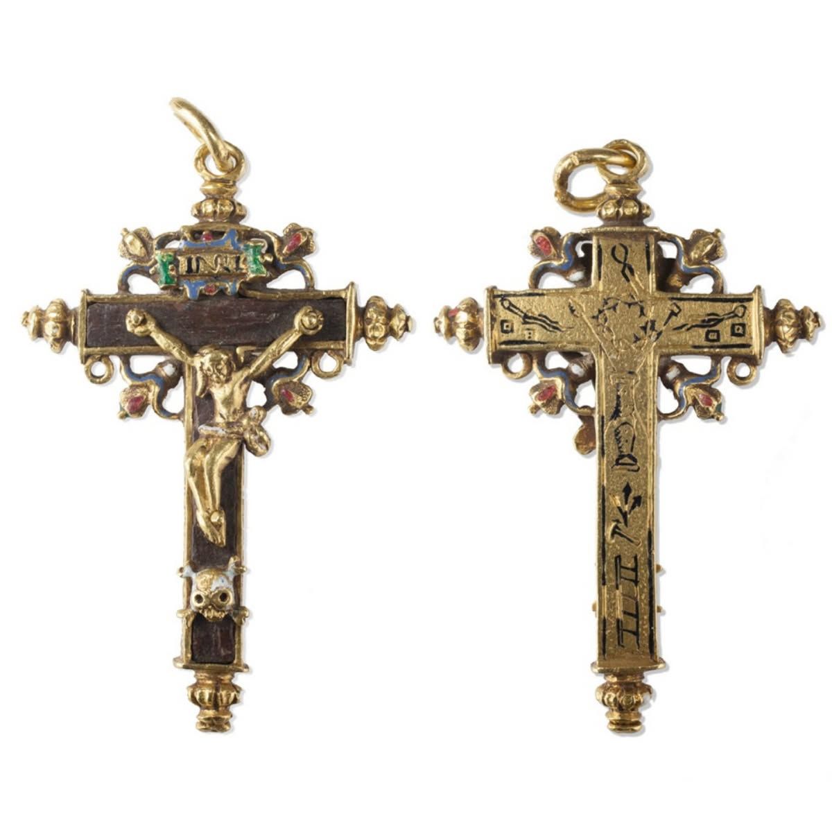 Two ornate gold crucifix pendants with jeweled accents, shown front and back on a white background