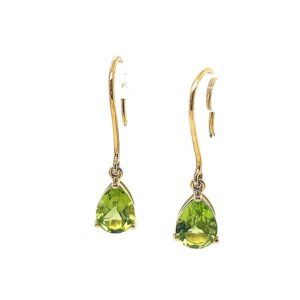 Pair of gold drop earrings with green gemstone pendants