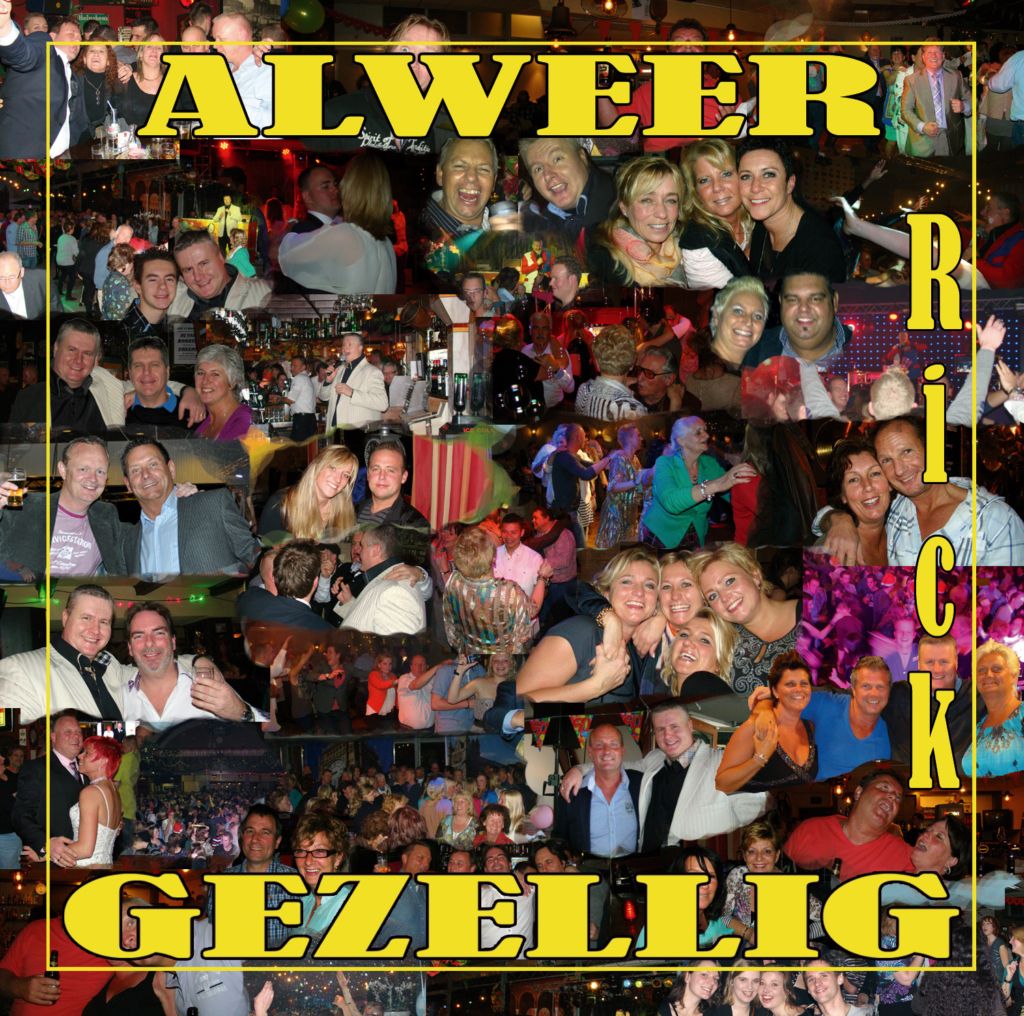 Collage van lachende mensen op een feestelijk evenement, met in vetgedrukte gele tekst 