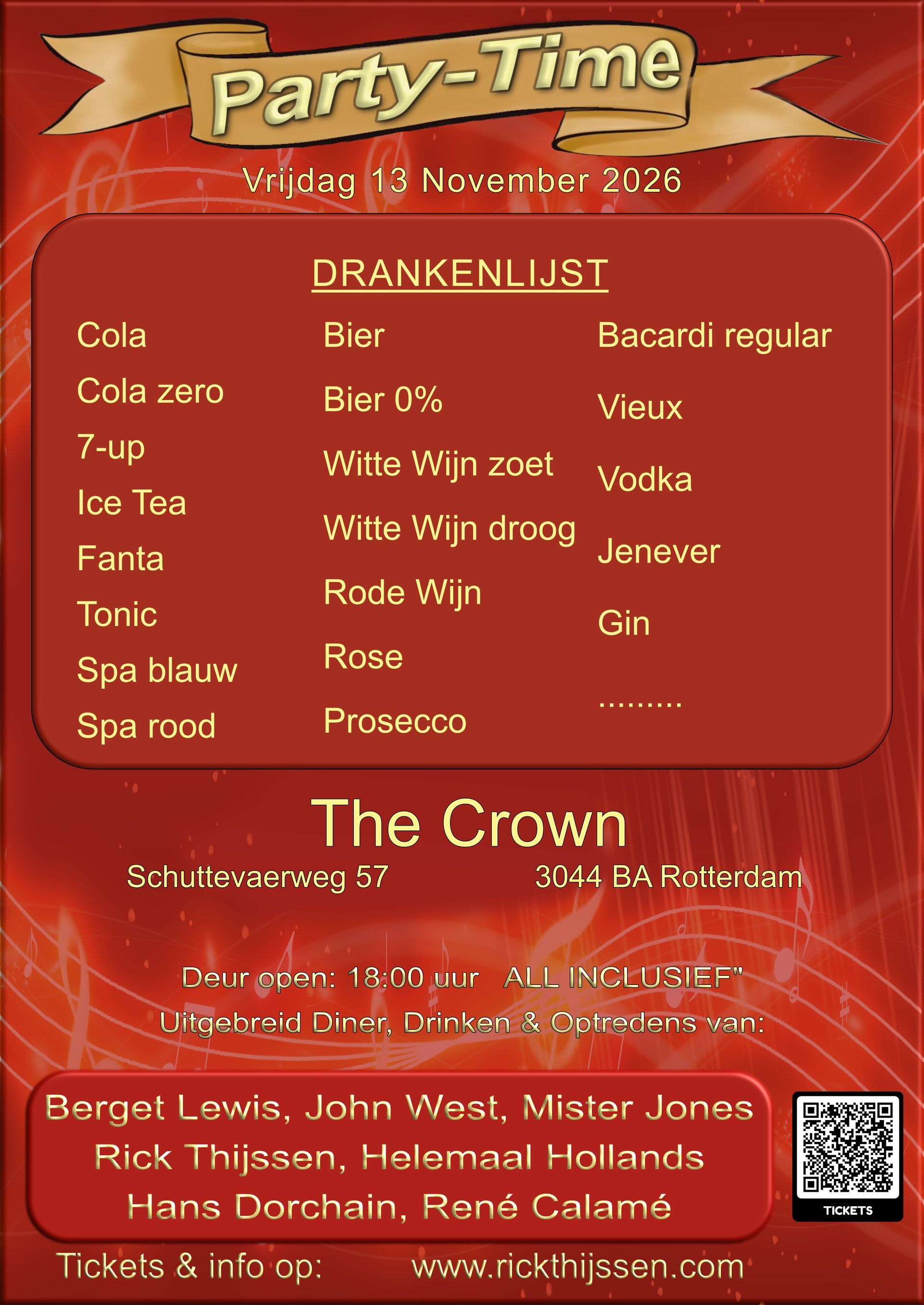 Feestelijk drankmenu-poster met rode achtergrond en evenementdetails voor The Crown pub