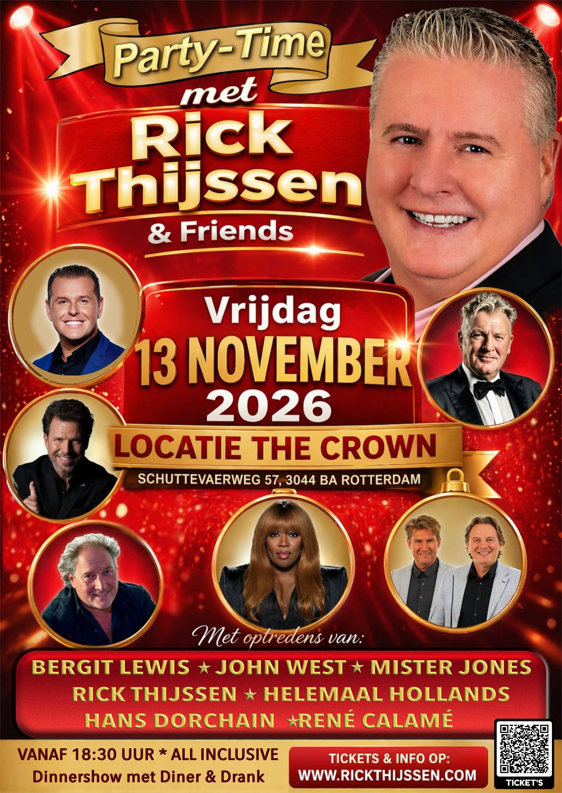 Feestposter voor Rick Thissen & Friends, vrijdag 13 november 2026, Locatie The Crown, met portretten van de artiesten.