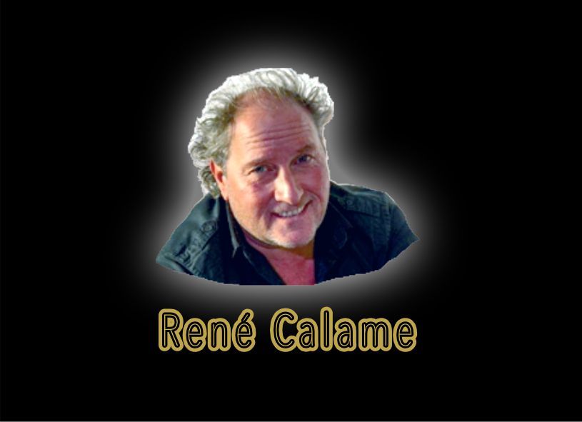 Portret van René Calame op een zwarte achtergrond, met zijn naam in gouden letters eronder.