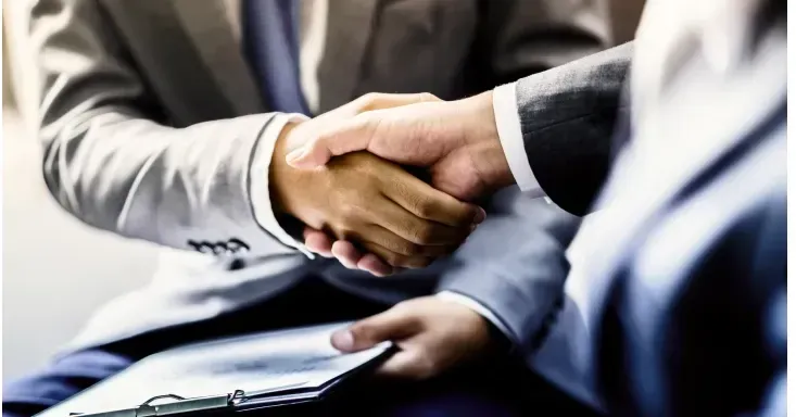 A man in a suit and tie is shaking hands with another man.