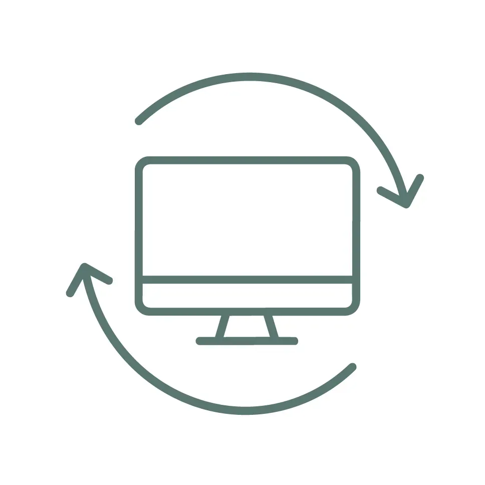 Desktop monitor with circular arrows, suggesting refresh or synchronization