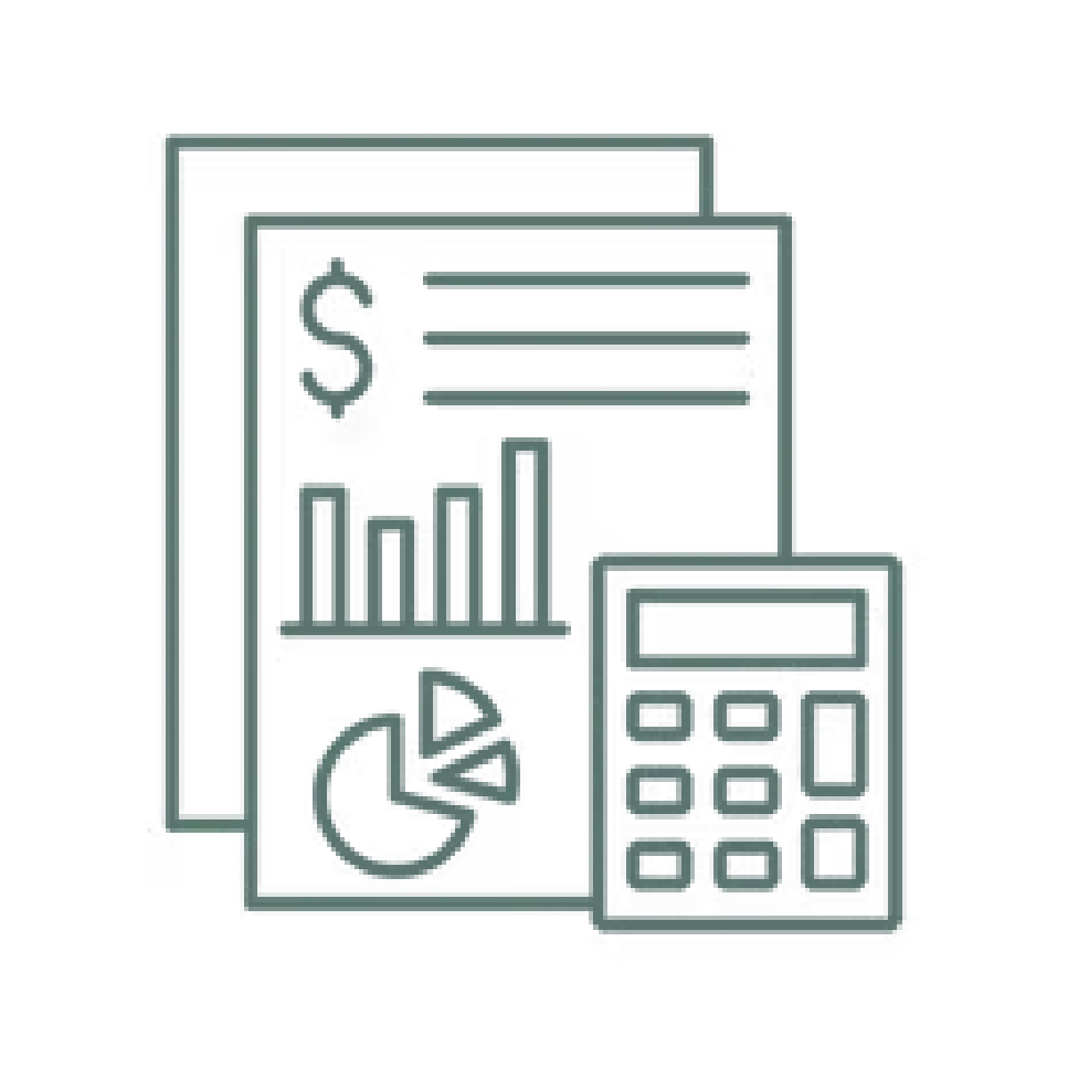 Outline of financial report with charts and a calculator in gray-green icons