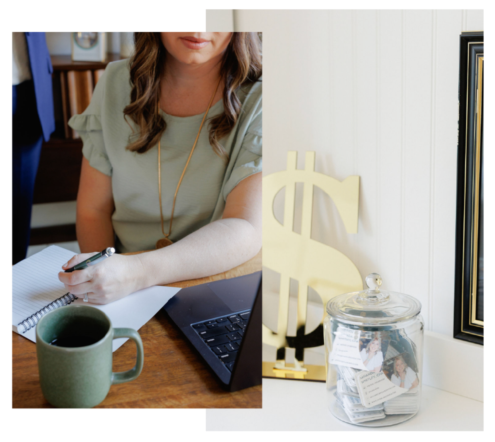 Person writing at a desk with a green mug, laptop, dollar sign decor, and a jar of cash savings.