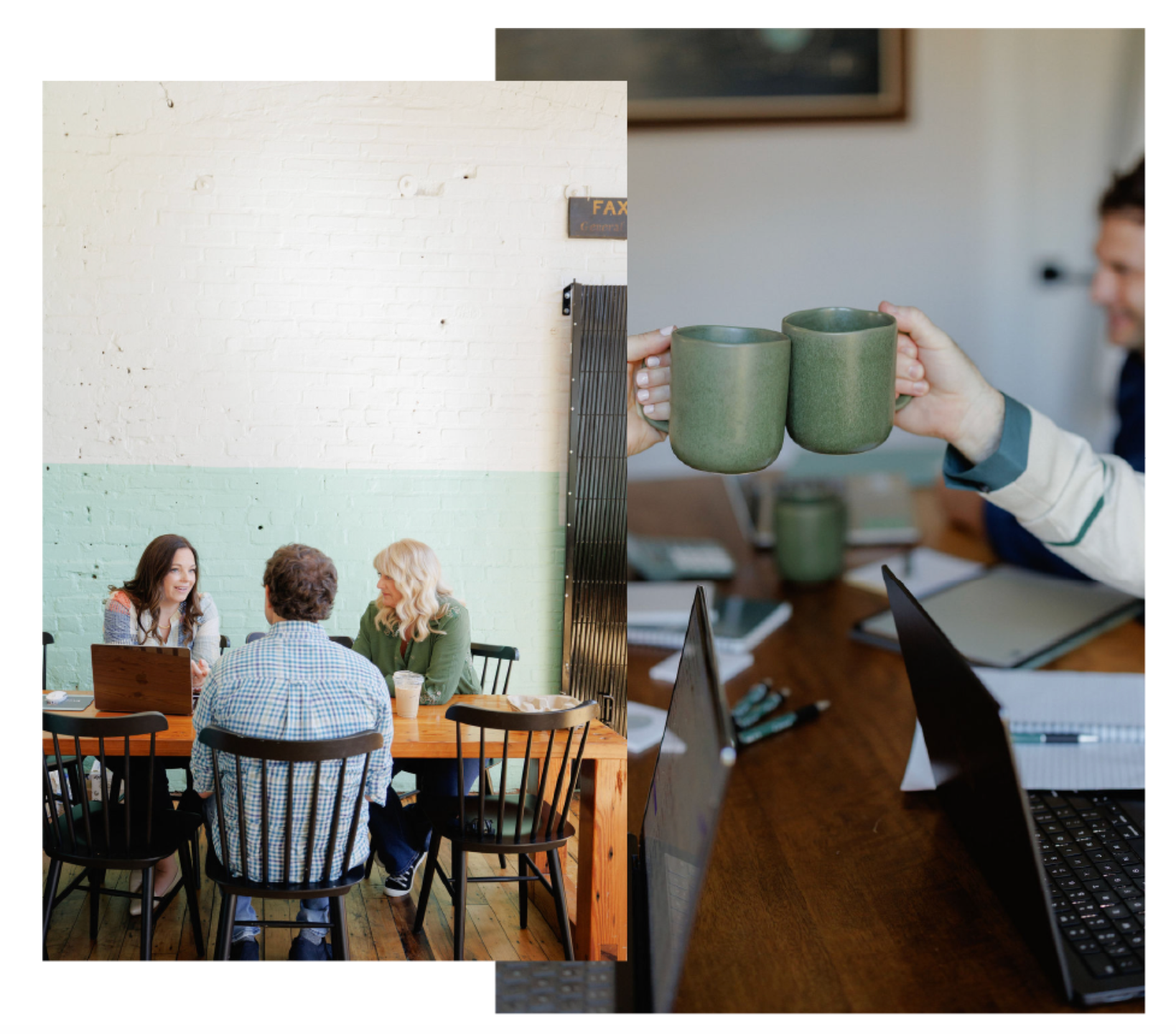 Two photos of a cafe meeting: people seated at a table and hands raising green mugs beside a laptop.