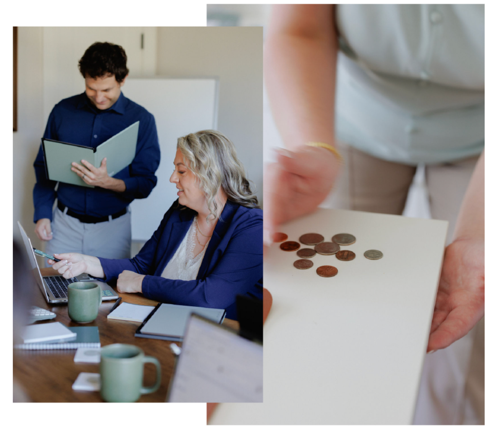 Two people reviewing documents at a desk beside a hand holding scattered coins