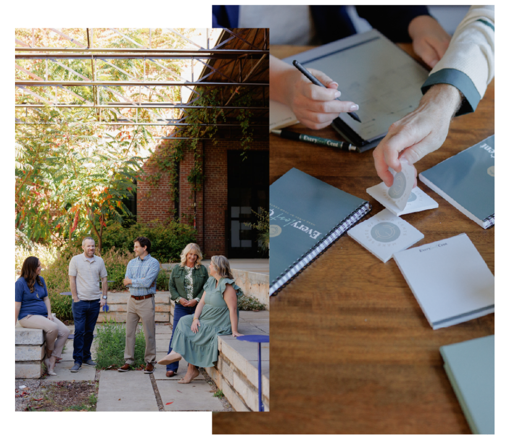 People chatting outdoors under a wooden pergola beside a close-up of hands writing at a table.