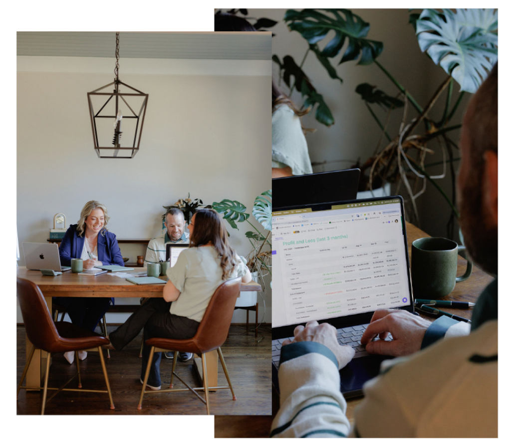 Team meeting in a bright office, with people at a wooden table and one person working on a laptop in the foreground.