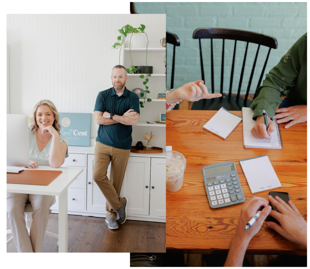 Office collage showing people working at desks, with a calculator, notebook, and papers on a wooden table