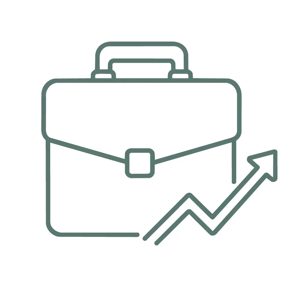 Outline of a briefcase with an upward-trending arrow, suggesting business growth or success