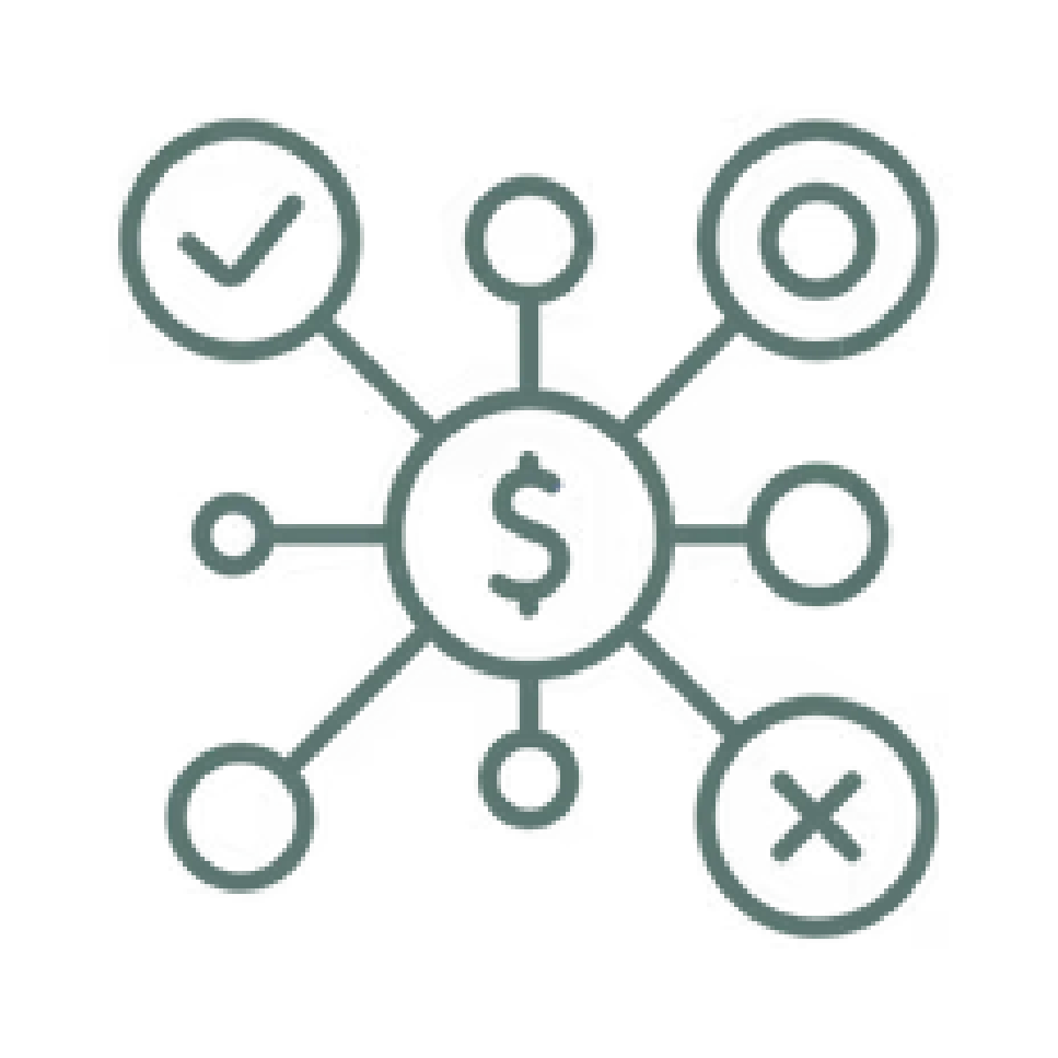Gray financial strategy icon with dollar sign center linked to check, target, and X symbols