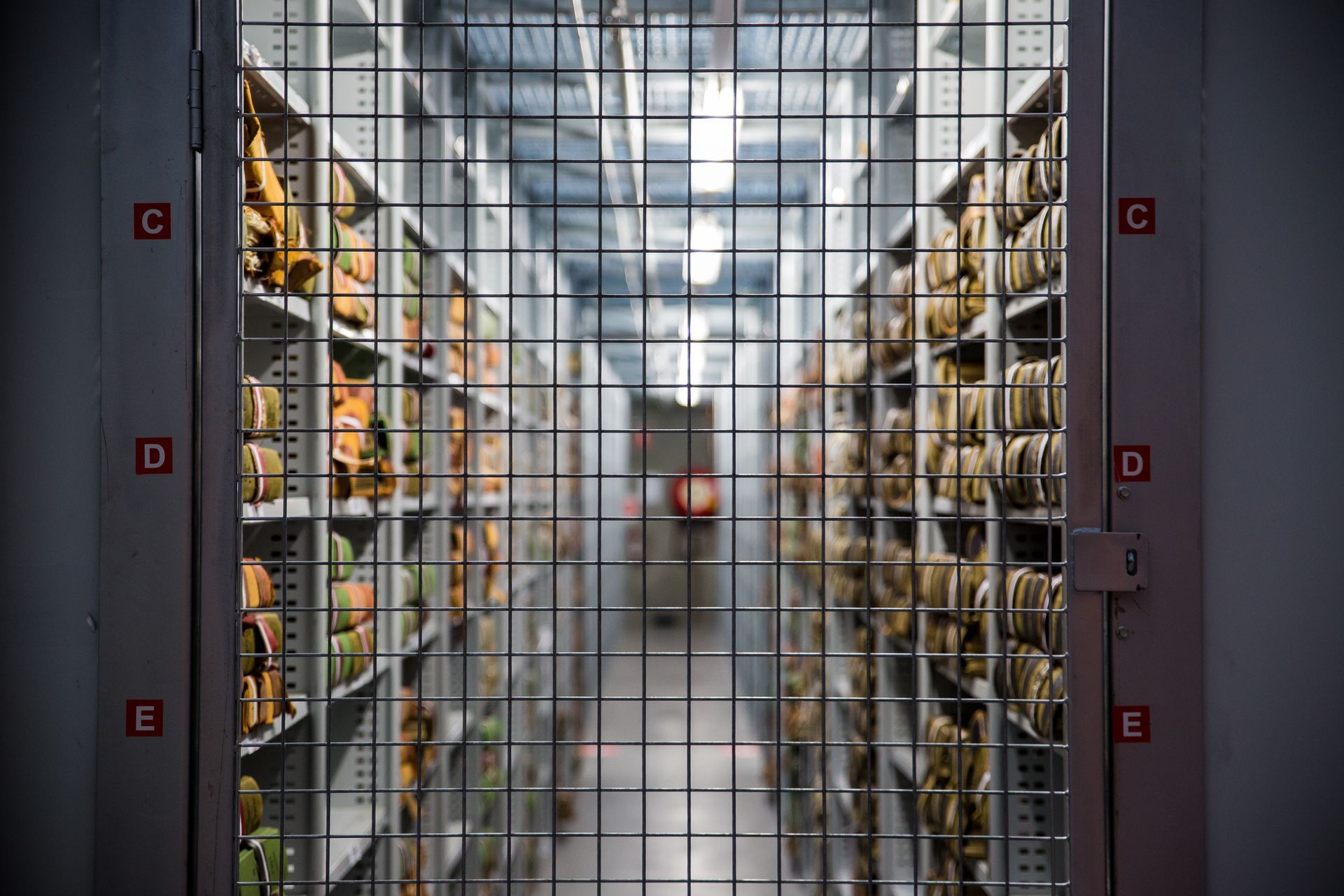 Metal gate in front of file storage shelves filled with labeled documents, long hallway.