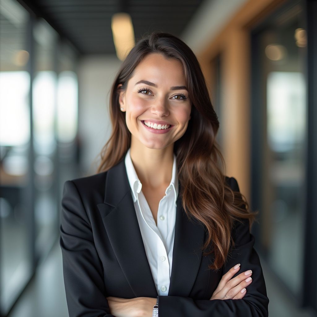 Woman in a black blazer and white shirt, smiling with arms crossed in an office setting.