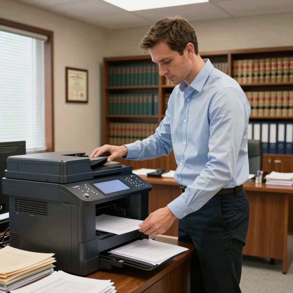 Man in blue shirt using a black office printer, retrieving printed papers. Office setting.