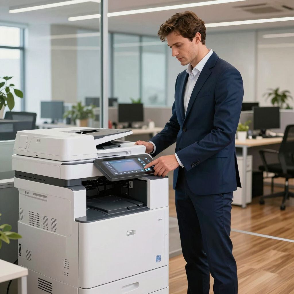 Man in suit operating a multi-function printer in an office.