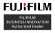 Fujifilm Business Innovation authorized dealer logo: Black text, red graphic, on dark gray rectangle.