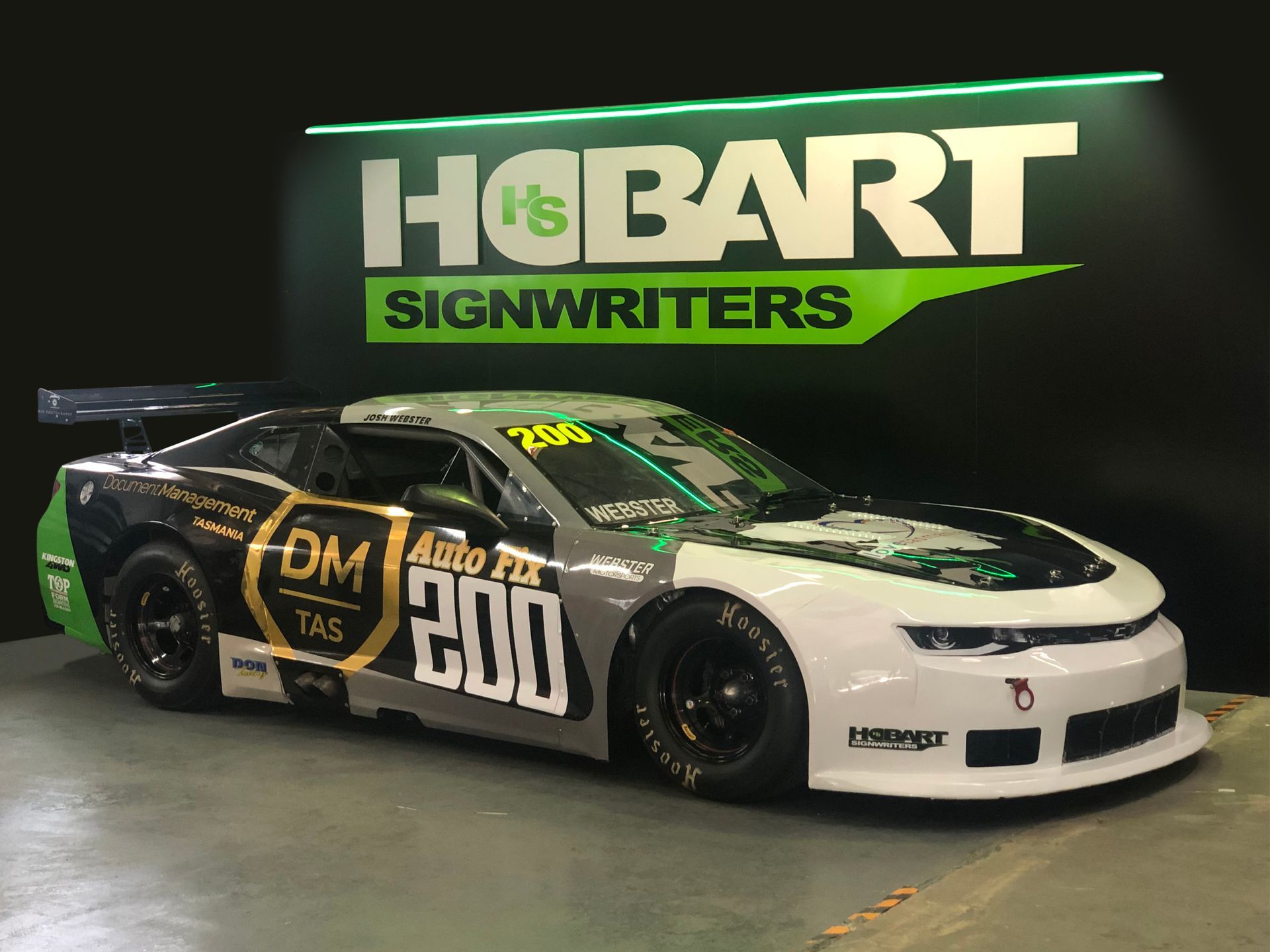 Race car in a garage with 