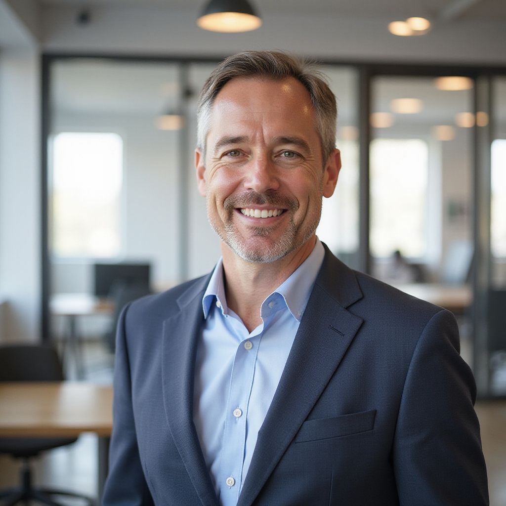 Man in a blue shirt and blazer smiles at the camera in a modern office setting.