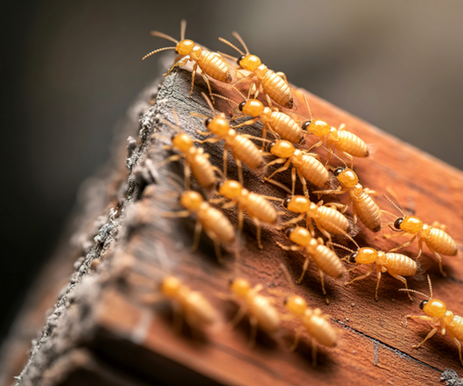 Orange termites crawling along the edge of a wooden plank in close-up.
