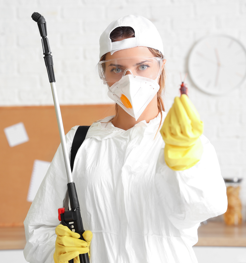 Person in white protective suit, mask, and gloves holds a sprayer and gives a thumbs-up in a room.