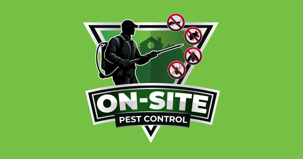 On-site Pest Control logo with pest technician silhouette and insects on green background