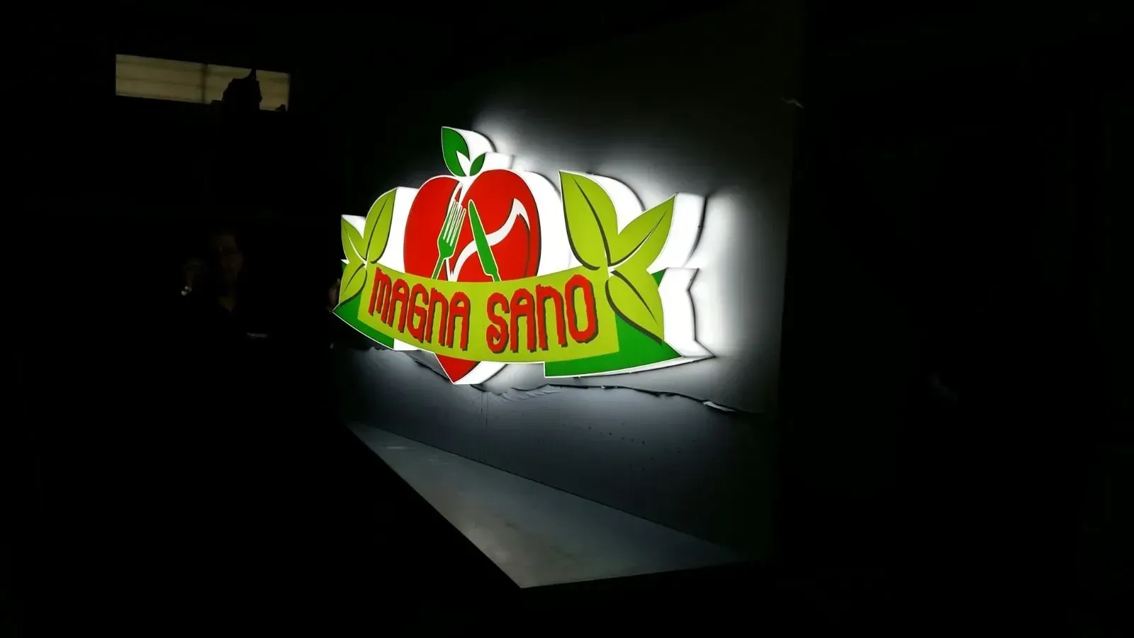 Luminosa insegna al neon con lettere rosse e verdi su una strada buia di notte, illuminata da un riflettore.