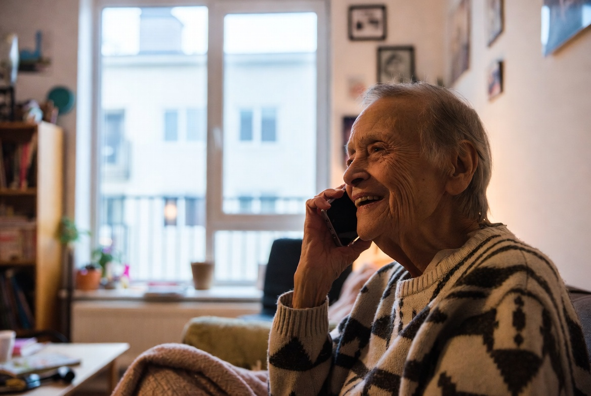 Elderly person smiles while talking on a phone, sitting in a living room.