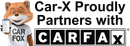 Car-X fox holds phone showing Carfax, text says