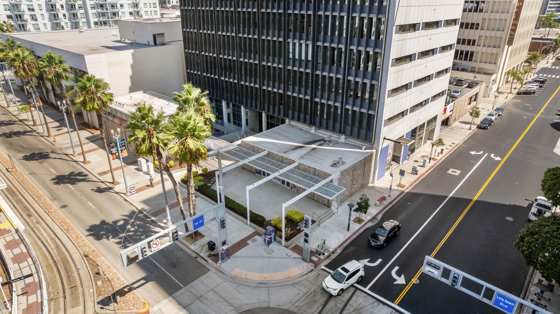 overhead view of street corner and building exterior
