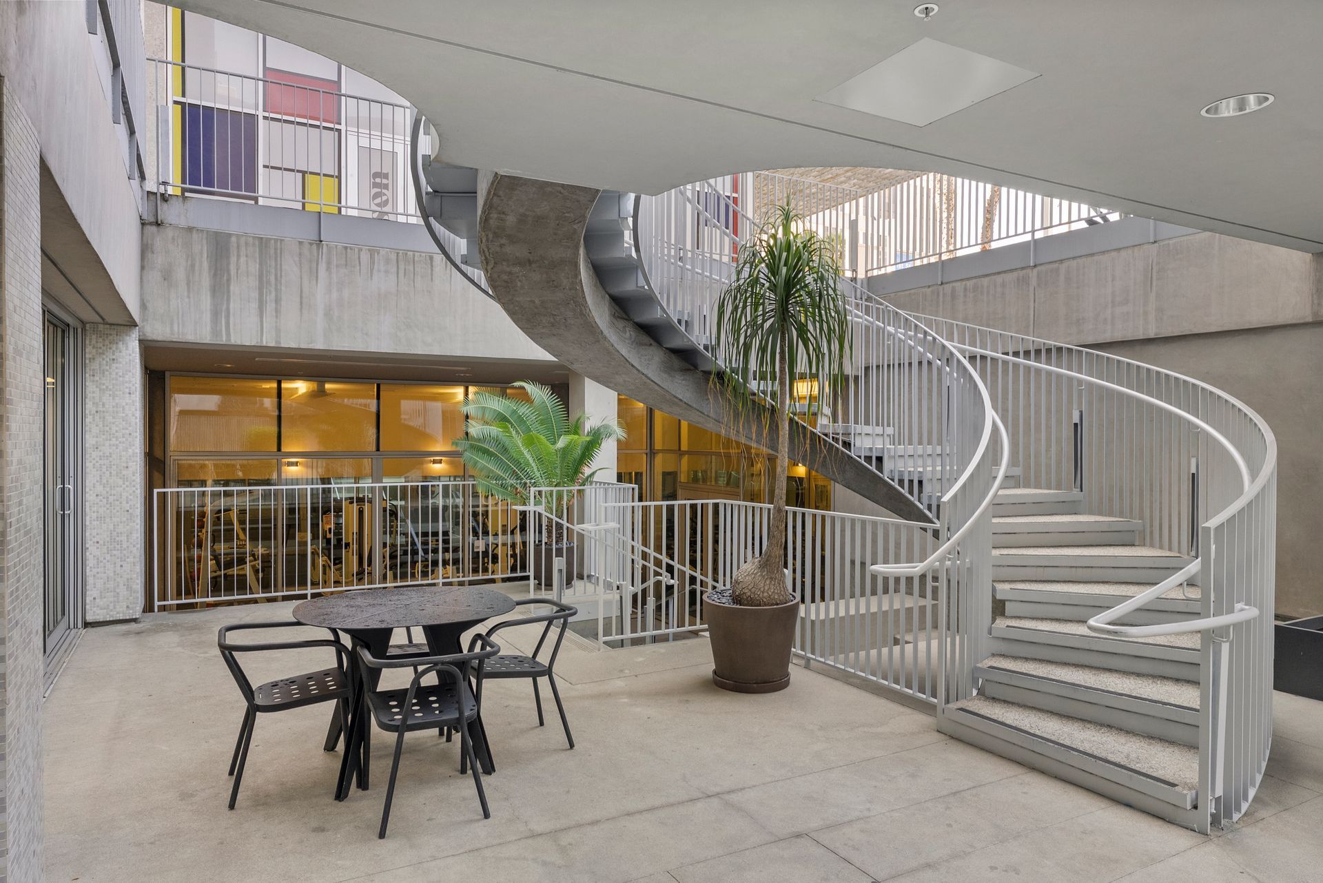 exterior spiral staircase and table