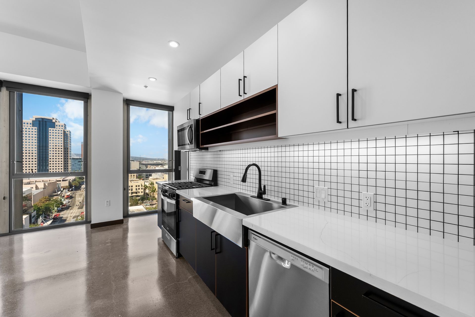 interior kitchen with large window