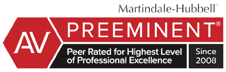 Martindale-Hubbell AV Preeminent rating, red and black badge. Peer Rated for Highest Level of Professional Excellence since 2008.