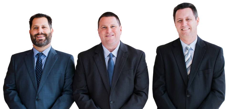 Three men in suits and ties, smiling, on a white background.