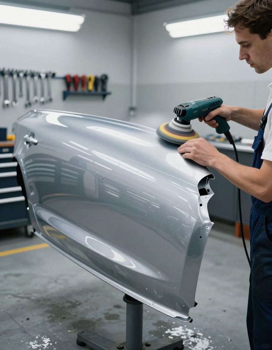 Panel buffed smooth after dent repair at Mark Jones Paint and Panel workshop, Tokoroa.
