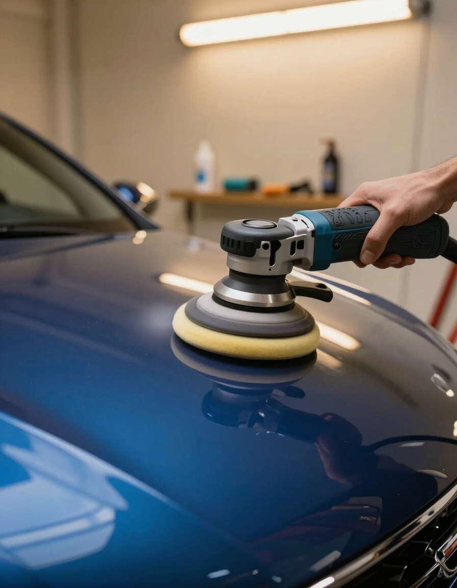 Machine polishing removing swirl marks from a car bonnet at Mark Jones Paint and Panel, Tokoroa