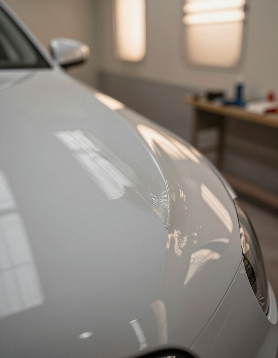 Close-up of a spot repair with colour-matched paint being blended on a car panel