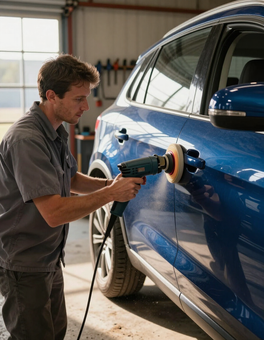 Detailer polishing a car exterior panel in a Tokoroa workshop