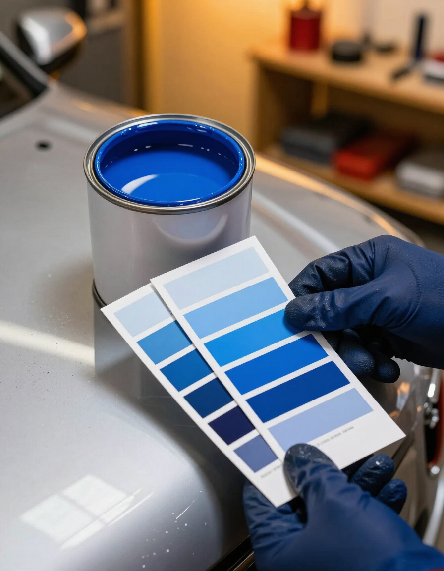 Automotive paint being mixed and colour matched against a car panel