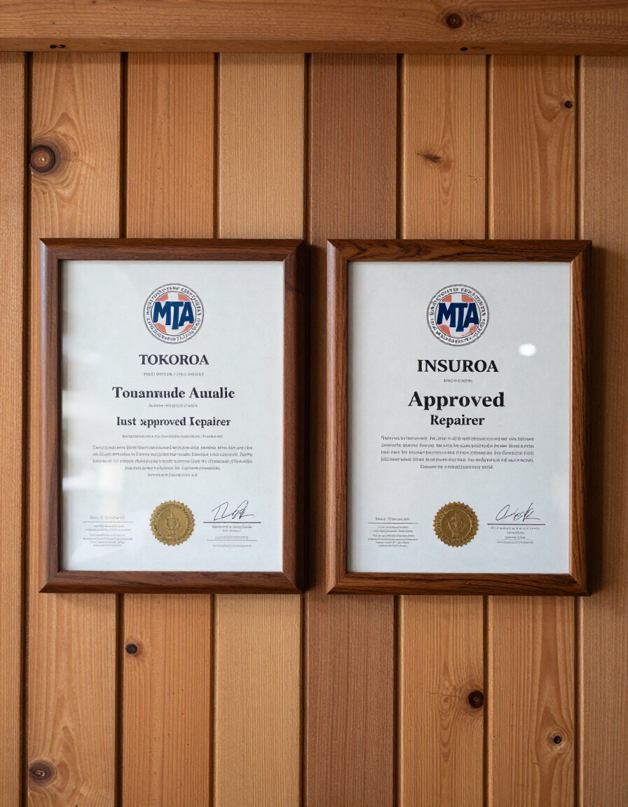 MTA-approved panel beating workshop signage at Mark Jones Paint and Panel, Tokoroa