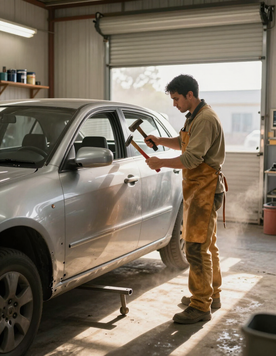 Panel beater reshaping a damaged car door at Mark Jones Paint and Panel, Tokoroa