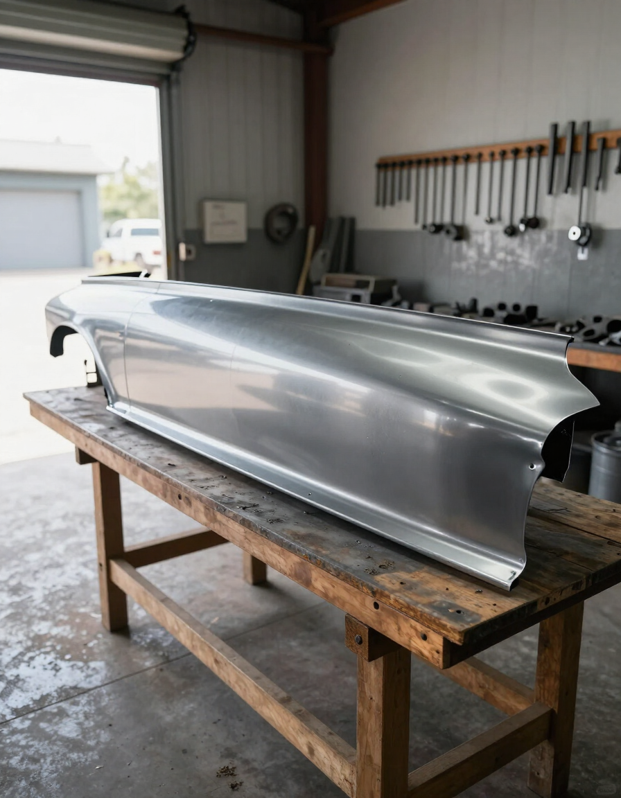 Bare metal car panel ready for primer after paint stripping at Mark Jones Paint and Panel, Tokoroa.
