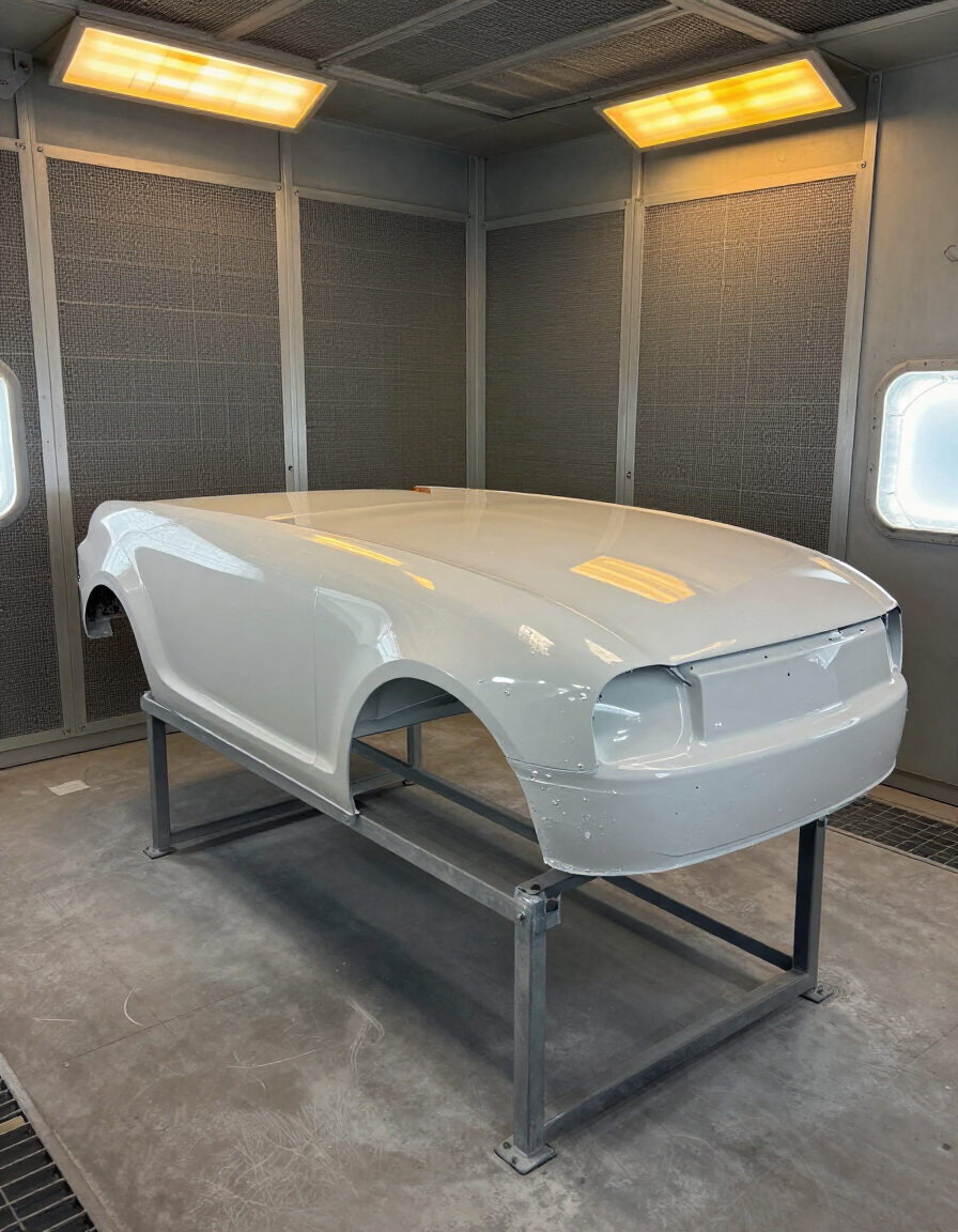 Spray booth and freshly painted vehicle panel at Mark Jones Paint and Panel, Tokoroa