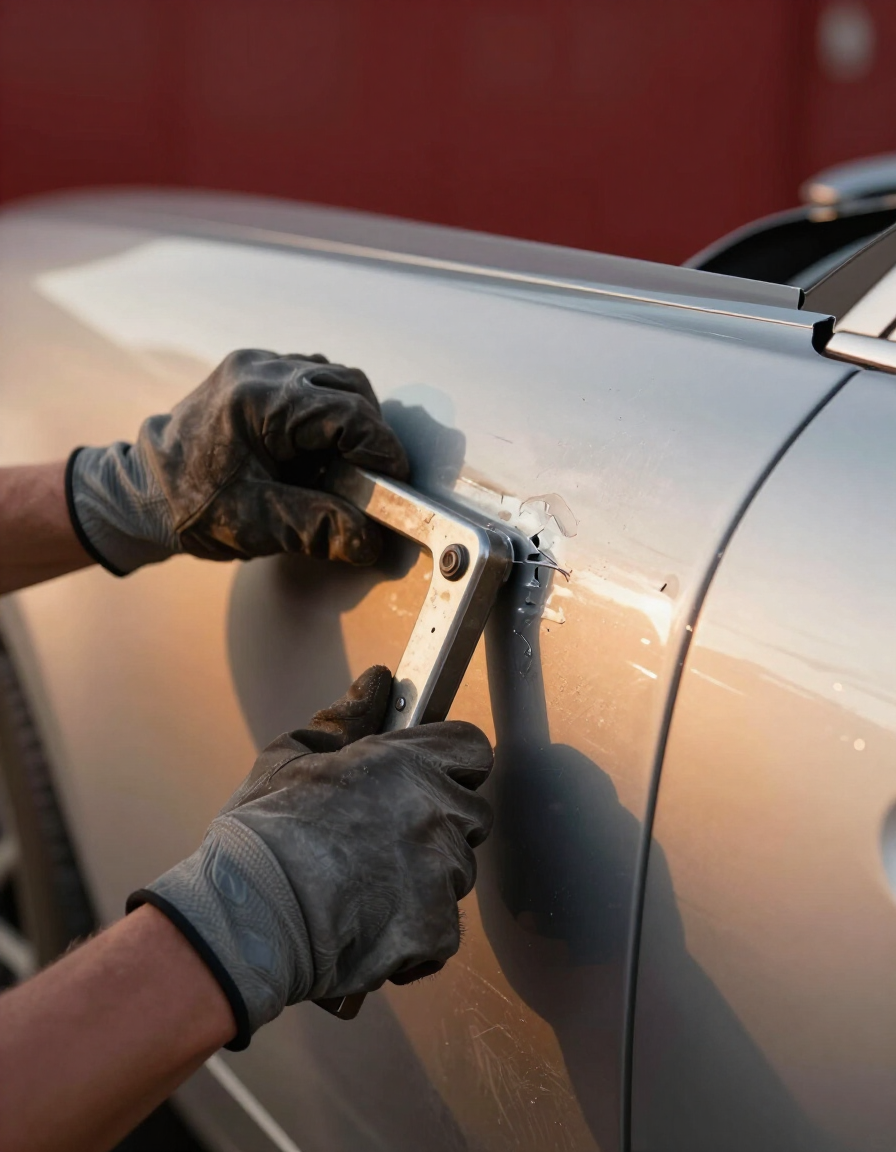 Panel repair in progress at Mark Jones Paint and Panel workshop, Tokoroa