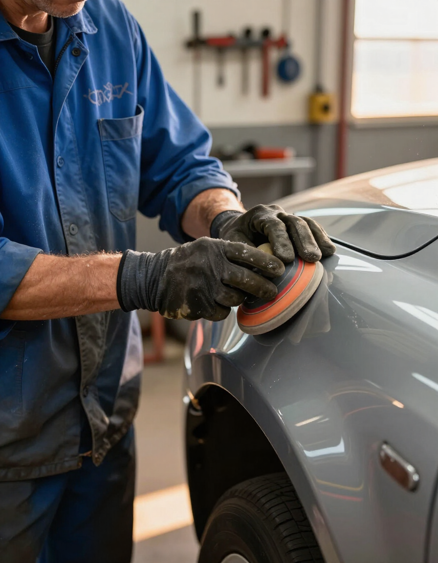 Panel beater at work on a vehicle repair