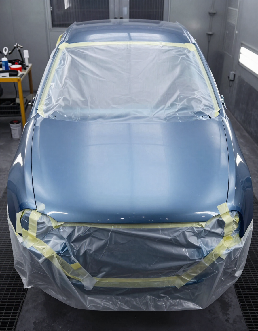 Vehicle panel prepared for paint protection coating at Mark Jones Paint and Panel workshop, Tokoroa