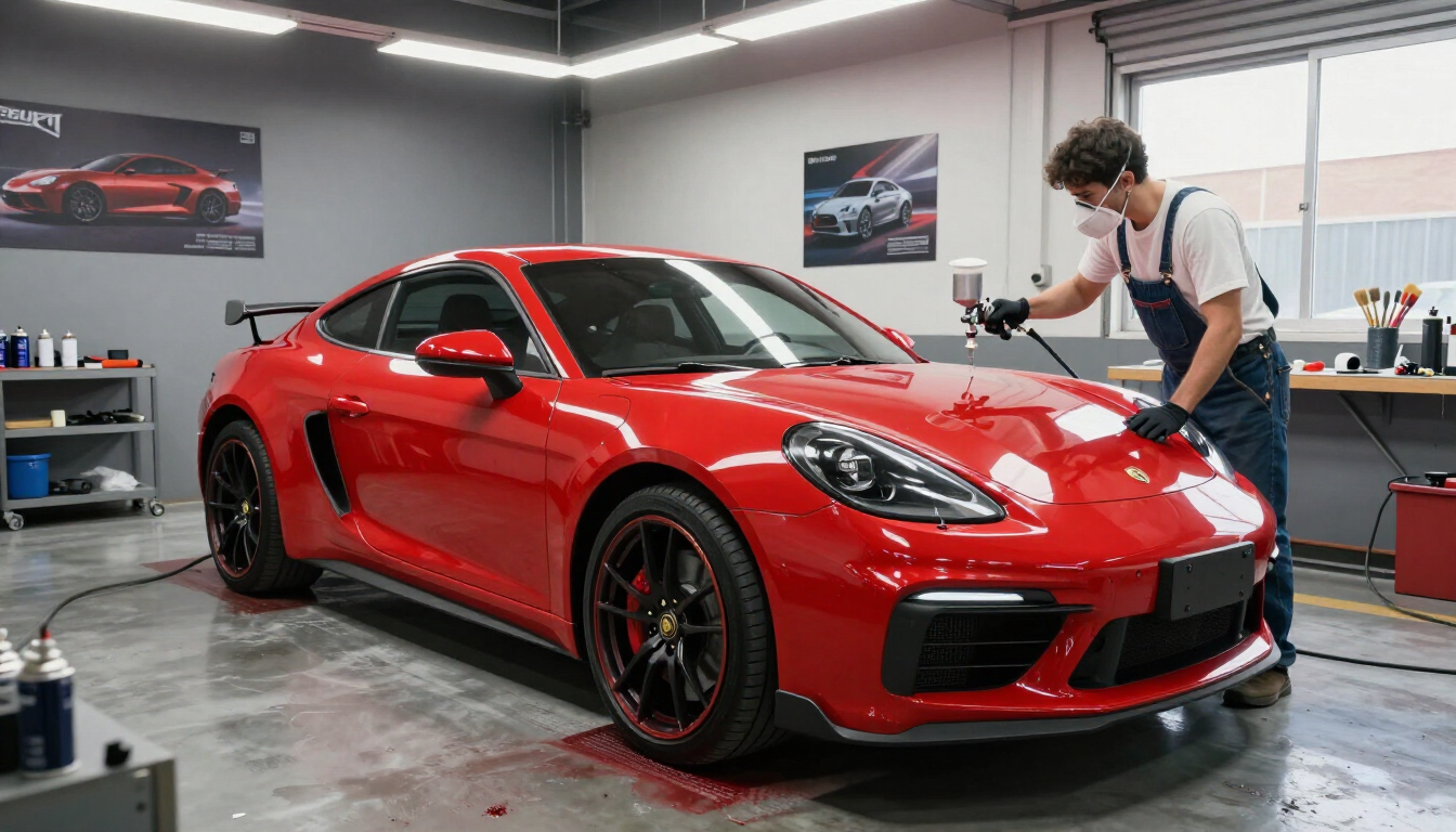 Red sports car being detailed in a garage, with a person cleaning its side.