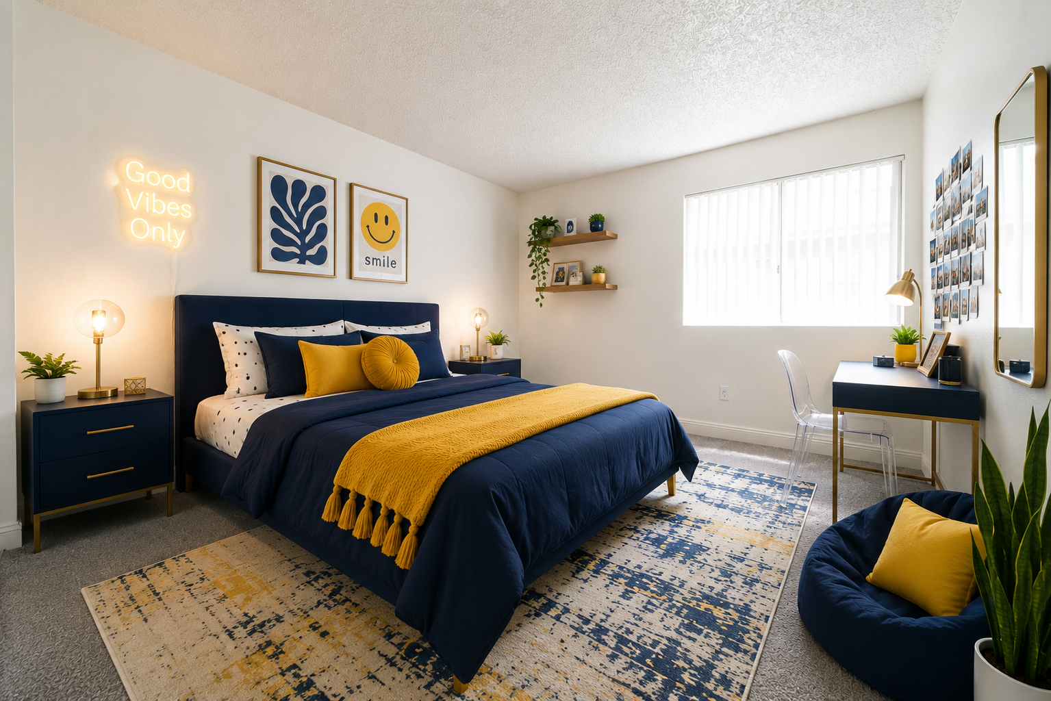 Navy and mustard bedroom with a bed, rug, desk, wall art, and neon “Good Vibes Only” sign