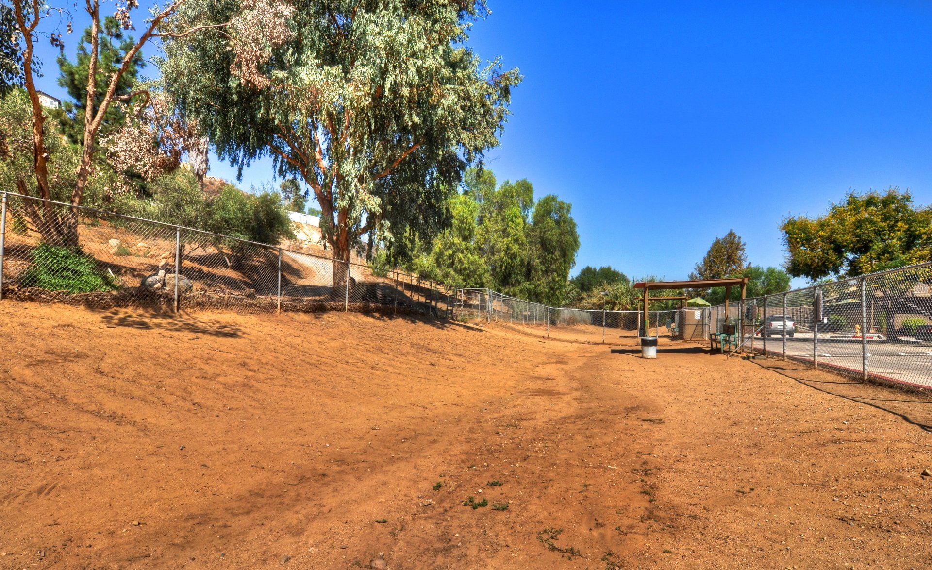 Dry dirt path through a park with trees, a fence, and a blue sky on a sunny day